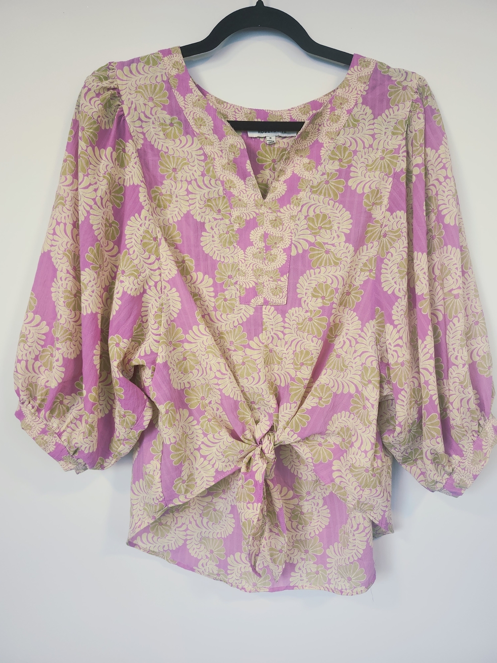 ROSE + OLIVE Floral Tie-Front Blouse - Pink, Cream, Green Size M